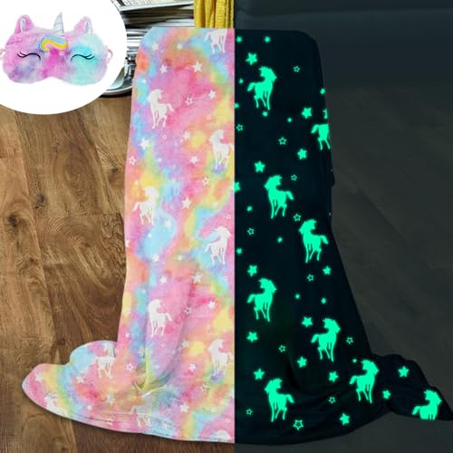 BITOYO Manta Unicornio Niña, Manta de Peluche de Unicornio Brillante, Regalo de Unicornio para Niñas y Niños, Manta de Franela Cálida Incluye Máscara para Dormir