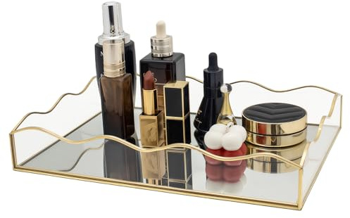 Dekorativ bricka, SLHEQING stor spegelbricka, rektangulär badrumsbricka glas kosmetika organizer guld vanity makeup organizer för sminkbord matbord badrum sovrum
