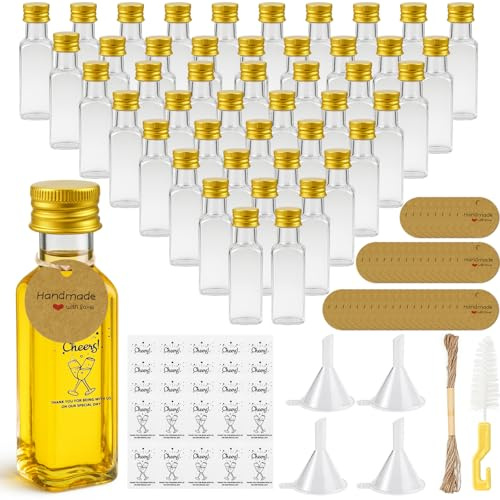 Ferenando 54 Pezzi Mini Bottiglie per Liquore 25ml, Mini Bottiglie Alcolici di Plastica Riutilizzabili, Bottigliette Liquore Mignon Vuote con Tappi a Vite, Etichette e Funnel per Matrimoni Feste