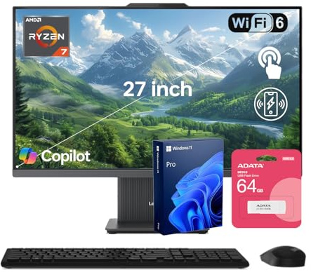 Lenovo IdeaCentre Premium All-in-One PC, 27 FHD Touchscreen 100Hz, AMD Ryzen 7 8845HS, 32GB DDR5 RAM, 2TB SSD, Win11 Pro, Wireless KB & M, Copilot-Ready, Bundle with ADATA 64GB USB Flash Drive
