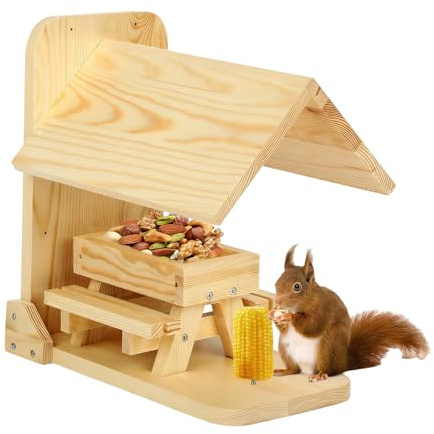 Dispensador de Comida Grande para Ardilla – Resistente y fácil de Rellenar, 29 x 16 x 31 cm, diseño de Mesa de Picnic de Madera Grande, protección para el Techo | Ventanas, porches, Patios