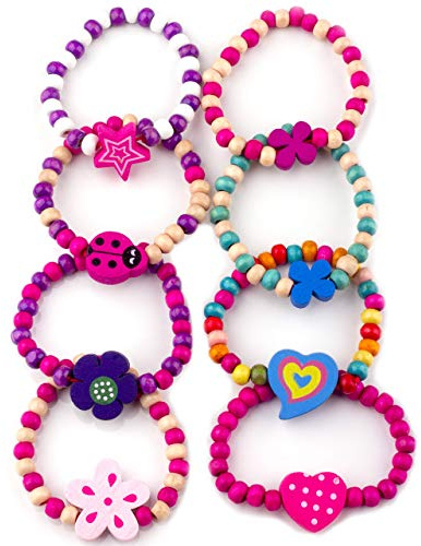 Little Princess Party Jewellery 8 Wooden Beaded Friendship Bracelets for Girls - Party Bag Fillers for Kids Party - Christmas Birthday Party Favours