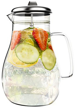 Glass Pitcher-64oz. Carafe with Stainless Steel Filter Lid- Heat Resistant to 300F-For Water, Coffee, Tea, Punch, Lemonade and More by Classic Cuisine