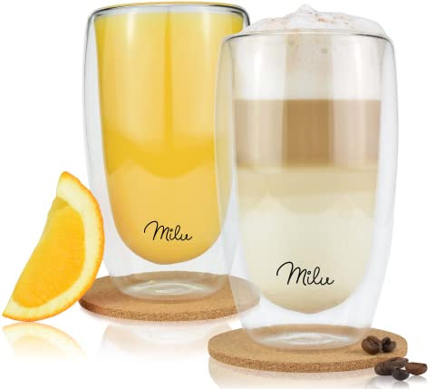 Milu Thermogläser Set – 4 vers. Größen - Doppelwandige Espresso Gläser - Kaffeegläser, Latte Macchiato, Cappuccino Glas - Isolierglas, spülmaschinenfest (2 Gläser, 450ml)