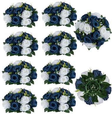BLOSMON Flower Centerpieces for Tables Wedding 10 Pcs Navy Blue & White Fake Flowers Rose Arrangement Bouquet Floral Centerpiece Balls Artificial Wedding Center Pieces of Valentines Day Home Decor