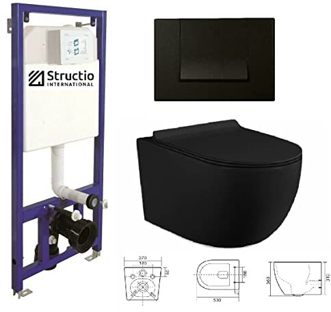 Set completo per WC senza bordi, sedile Soft Close, elemento a parete da incasso, cassetta di risciacquo a parete in ceramica, per WC a incasso, set ciotola bianco/nero + piastra a pressione (SD 11