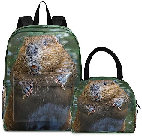 YOUJUNER Kinderrucksack Lunchbox Schulranzen Set Tier Biber Rucksack Schulrucksack Backpack Leichte Reiserucksack für Mädchen Jungen