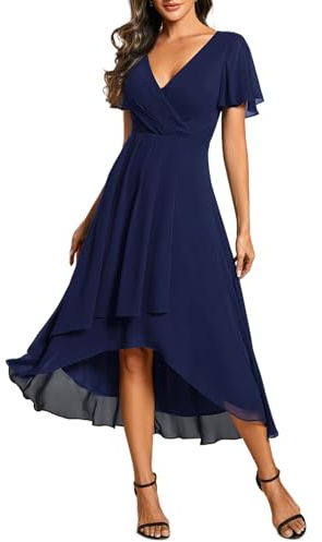 Ever-Pretty Vestidos de Invitada de Boda Elegantes Vestidos de Noche de Gasa Mujer Midi Cortos Vestidos de Novia Azul Marino 58