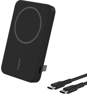 Belkin BoostCharge Pro Wireless Power Bank 5000mAh with Qi2, MagSafe compatible portable charger + built-in pop-up kickstand, battery pack for iPhone 16, iPhone 15, 14, 13, 12 and more - Black
