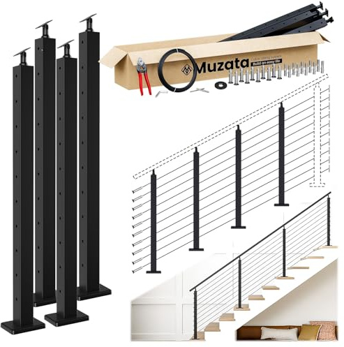 Muzata 10-15FT Modular Black Cable Railing Kit 36 Inch 3 Stair Post Kit Complete Set Cable Railing System for Stairs Length Adjustable Easy DIY with Paper User Guide (No Handrail) RWS1 BA4S