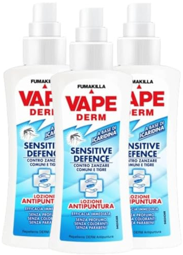 Vape Derm Sensitive Defence Spray Antizanzare Lozione Antipuntura Contro Zanzare Comuni E Zanzare Tigre 100 Ml (3 Unità)