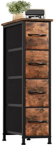 Somdot Kommode mit Schubladen, Kommode Schmal Schlafzimmer Wohnzimmer Flur, Komodenschrank Schubladenschrank Aufbewahrungsschrank Stoffkommode, 4 Stoffschubladen, Holzmaserung, 48T x 20B x 75H cm