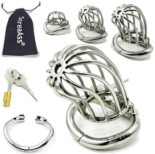 ScreaAss 3 Größen Belüfteter Edelstahl Peniskäfig Keuschheitsgürtel Herren Mit 3.0 Verstellbarer Cockringe S/M/L Male Chastity Cage Keuschheitskäfig Cock Cage SM Sexspielzeug Für Männer,Silver/l,51mm