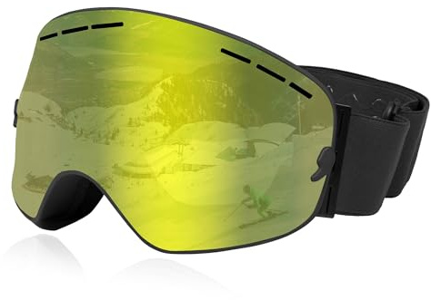 Queshark Occhiali da sci, Occhiali da Sci Con Doppia Lente Sferica, Protezione UV400, Antiappannamento e Antiriflesso, Compatibili Con il Casco, Occhiali da Snowboard per Uomini Donne Giovani