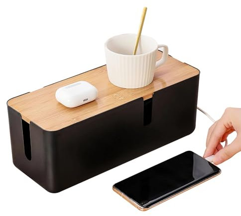 Caja de cables negra, caja de gestión de cables, caja grande organizador de cables con tapa de madera para cables, adaptador de caja de gestión de cables, organizador de cables, organizador de cables