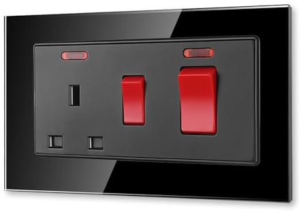 CNBINGO Electrical Cooker Switch with Socket, Black Tempered Glass Panel