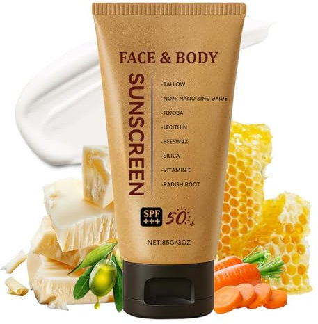 Beef Tallow Sunscreen Spf 50 - Tallow Sun Cream for Face & Body - Tallow & Zinc Oxide Lightweight Moisturiser - Beef Tallow Sun Shield Cream for Women, Men Outdoor Daily Defence 85g