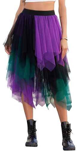 Lovasy Gonna Tulle Donna Irregolare Midi Gonne tutù a Rete Vita Alta Elastica Gonna Balletto Asimmetrica Multistrato Gonne a Pieghe Principessa per Halloween Natale Party Prom,A-Viola/Verde,L/XL