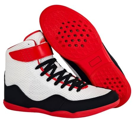 Hixingo Chaussures de Lutte pour Homme Femme 36-45, Chaussures de Boxe avec Antidérapantes Semelles en Caoutchouc Légère et Respirantes pour Boxe, Kickboxing, Lutte (RD08 Noir Rouge,45)