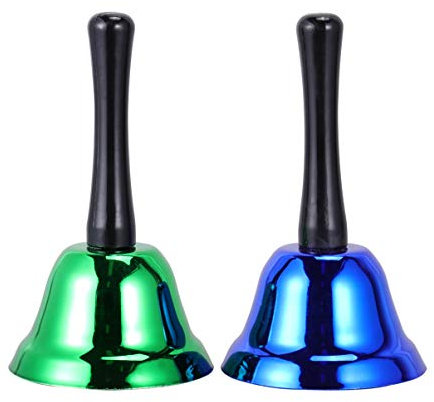 Tomaibaby 2 Stück Kupfer Handglocke Retro Kuhglocke Schulglocke Anruf Service Glocke mit Metallgriff für Den Heimgebrauch Verwenden Grün + Blau 75Mm