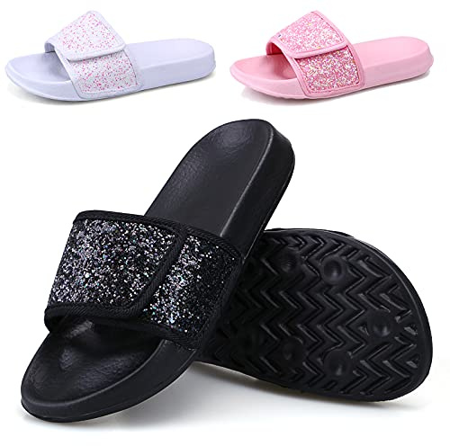 ydscsci Girls Slide Sandals Glitter Sequins Pool Sliders Kids Shower Slippers Beach Flip Flops Hook and Loop Non-slip Thick sole Big Kid Black Size 2 2.5