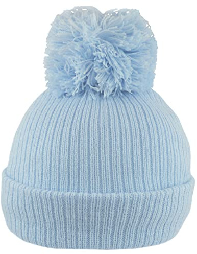 Faith & Sarah Kids Baby Pom Pom Hat Boy Girl - Fleece Lined Beanie Cap- Knitted Baby Bobble Hats Blue 0-3 Months
