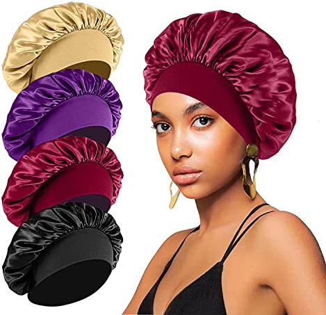 4PCS Silk Bonnet for Sleeping,Hair Wrap Satin Bonnets Shower Cap for Black Women Men, Elastic Wide Band Hair Bonnet Cap for Sleeping Curly Hair(Black & Wine Red & Purple & Brown)