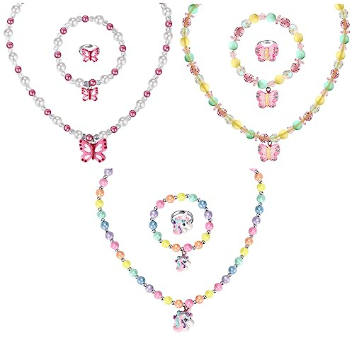 Msnailfly 3 Sets Girl Princess Necklace Bracelet Ring Kids Stretchy Jewelry Gift Unicorn Butterfly Necklace Bracelets Rings Party Favors Dress up Jewelry for Little Girl Toddler(with Gift Box)