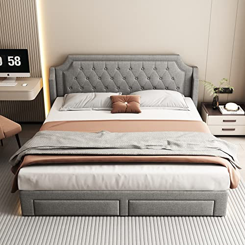 ZYLOYAL10 Polsterbett 180 * 200 mit Lattenrost und Kopfteil, mit 2 Schubladen, LED-Bett, Jugendbett, für Erwachsene & Jugendliche, Holzlattenunterstützung, Einfache Montage, Leinen (Grau)