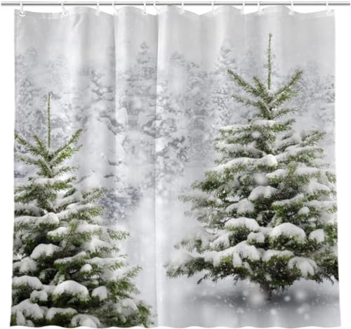 JOOCAR Christmas Tree Shower Curtain Winter Forest Pine Tree Snowflake Snowfall Natural Scene Bathroom Shower Curtains for Bathtub Decoration with Hooks 72x72 Inch