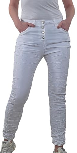 Karostar Dam stretch jeans | boyfriend byxor med dekorativa smyckesknappar | Mid Rise 5 fickor denim byxor, Vit, L