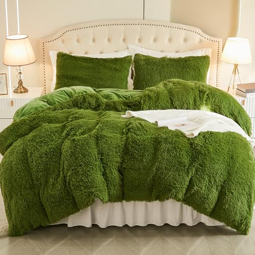EMME Plysch sängkläder set 135 x 200 cm bäver fluffigt påslakan set för säng lurvig och plysch mjuka sängkläder påslakan och 1 örngott 80 x 80 cm, gräsgrön