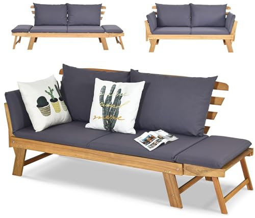 COSTWAY 3 en 1 Banco Jardin 2 Plazas, Madera Acacia, Sofa Cama de Jardín, Reposabrazos Abatibles, 2 Almohadas Lavables, Sofa Tumbona Terraza Exterior Interior, 198/175x75x75cm, Máx 320 kg (Gris)