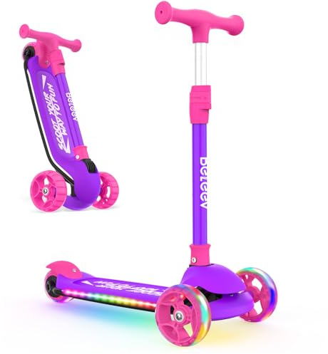 BELEEV Kids Scooter with LED Light-Up Wheels & Deck, 3 Wheel Folding Scooter for Toddlers Girls Boys Ages 3-12, Adjustable Handlebar, Extra Wide Wheel, Kick Scooter for Children (Pink Purple)