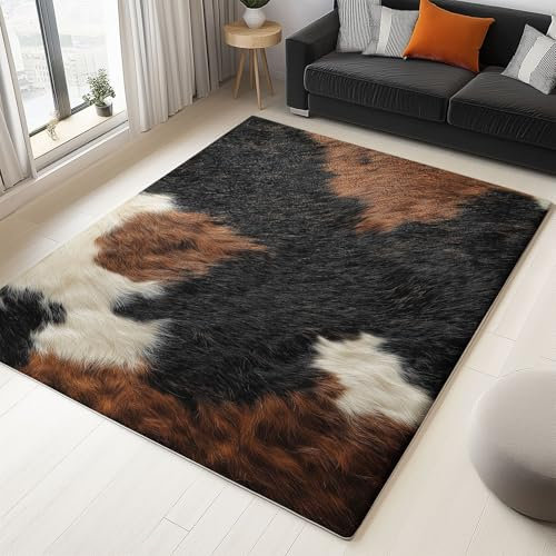 Washable Rugs for Bedroom 60 x 90 cm, Soft microfibra di cashmere Living Room Rug, Non-slip Carpet Short Pile Cute cowhide color blocks Printed Floor Mat for Office Entrance, Dinning Room Black Brown