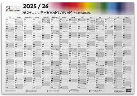 SIGNZ Skolkalender för tyska delstaten Niedersachsen 2025–2026, storlek XXL, 98 x 68 cm, inkl. lov- och helgdagar, CO2-neutralt tillverkad i Tyskland