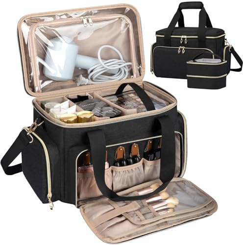GDNasist Large Makeup Bag, Portable Travel Makeup Bag Organizer for Women Girls with 2 Removable Pouches & Detachable Dividers, Cosmetic Travel Bag, Toiletry Bag for Makeup and Hair Supplies Black