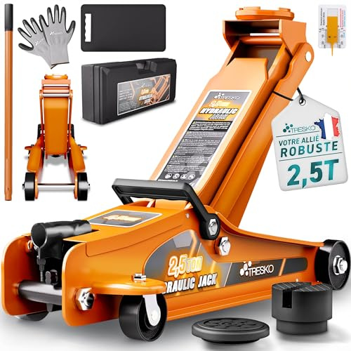 TRESKO Cric hidráulico, 2,5 toneladas, altura de elevación 85-385 mm, con maleta, cric hidráulico de garaje, plano para coches bajos, ruedas de 360°, incl. 2 x almohadilla de goma, rodillera, guantes
