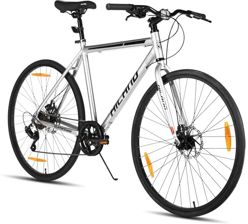 HILAND Clifford 700c Flat Handlebar Road Bike, 7-Speed Lightweight Aluminium Frame Bicycle with Front & Rear Mechanical Disc Brakes, 570mm Frame Sizes, Silver Adult Men Women Commuter Fitness Bike