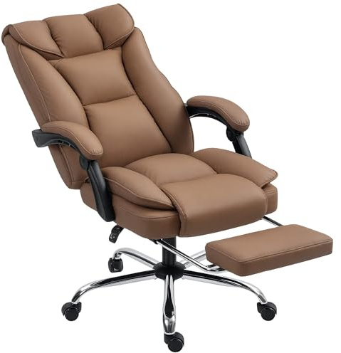 HOMCOM Silla de Escritorio con Reposapiés, Silla de Oficina Giratoria, con Respaldo Reclinable y Alto, Acolchado Grueso Doble, Tapizada en Cuero Sintético Resistente, Altura Ajustable, Marrón