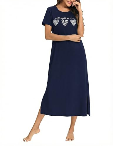 Jahetuul Chemise de Nuit Femme Manches Courtes Col Rond Imprimé Cœur | Manches courtes, col rond, fentes latérales, imprimé cœur pour dormir et se détendre confortablement à la maison.