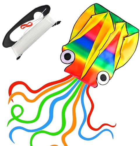 Huge Rainbow Octopus Kite, Large Easy to Fly Soft Kite for Kids, With Long Flowing Tail, Lightweight Outdoor Kites for Children and Family Use, Beach Park Flying Toy With 100m Line
