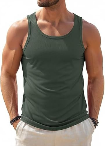 Runcati Tank Top Men's Sleeveless Muscle Shirts Gym Fitness Functional Shirt Training Vest Bodybuilding Undershirt Men T-Shirt Summer Sports Running Shirt, Army Green, XL