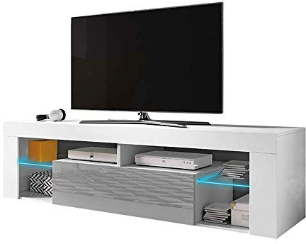 Selsey Bianko – TV Lowboard/TV Schrank, Weiß Matt/Grau Hochglanz, mit LED-Beleuchtung, 140 x 35 x 50,6 cm