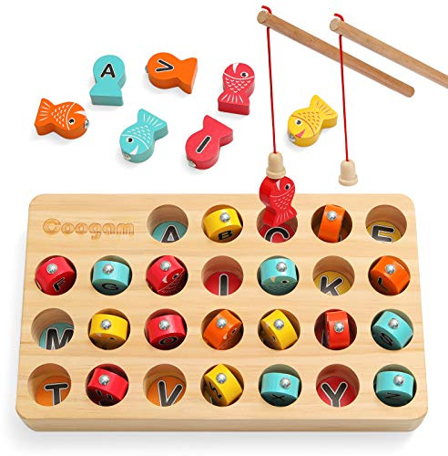 Coogam Juego de Pesca magnética de Madera, Juguete de Habilidad motora Fina ABC Alphabet Color Sorting Puzzle, Letras Montessori Regalo Preescolar Aprendizaje temprano con 2 Polos