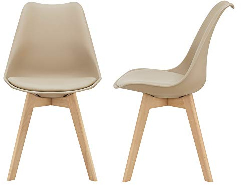 [en.casa] Juego de Sillas de Comedor Fläten Pack 2 Sillas Tapizadas Nórdicas Versátil Asiento Acolchado de Cocina Patas de Madera de Haya Cubierta Cuero Sintético 82x49x54cm - Beige