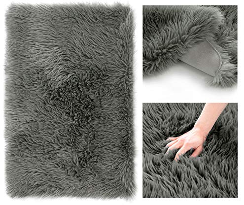 AmeliaHome Dokka - Alfombra de Piel de Cordero Artificial (60 x 90 cm), Color Gris Oscuro
