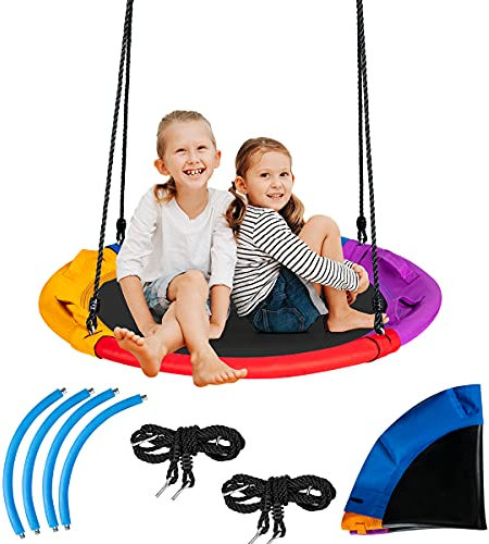 RELAX4LIFE Nid de Balançoire Ronde pour Enfants φ100cm avec Oreiller et Poignée, Réglable en Hauteur 100-160 cm, Charge Max 150kg (Multicolore avec Oreiller)
