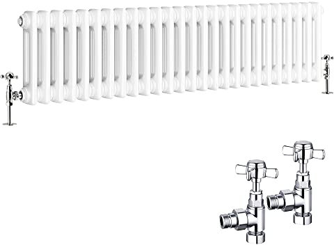 NRG Traditional Radiator 300 x 1190mm Horizontal Cast Iron Radiators Central Heating Gloss White Double Column with Angled Pair of Valves