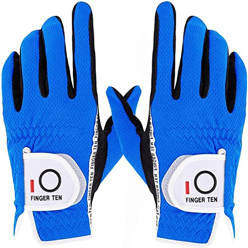 FINGER TEN golfhandskar herr vänster höger golf handske värde 1 par golfhandskar vänster höger hand handskar för män golfare, alla väder mikrofiber regn grepp (blå S, par)